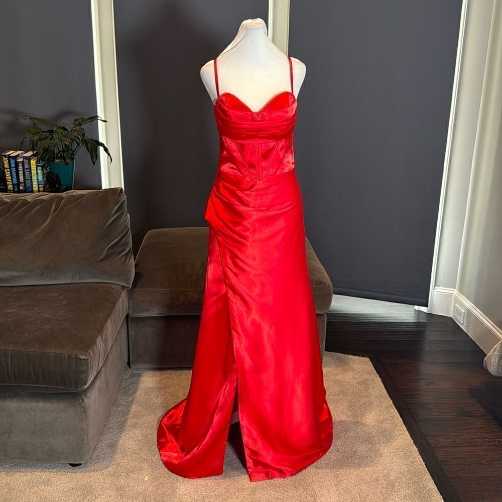 Red Satin Full Length Prom Party Formal Dress CrissCross Straps Leg Slit Size 8